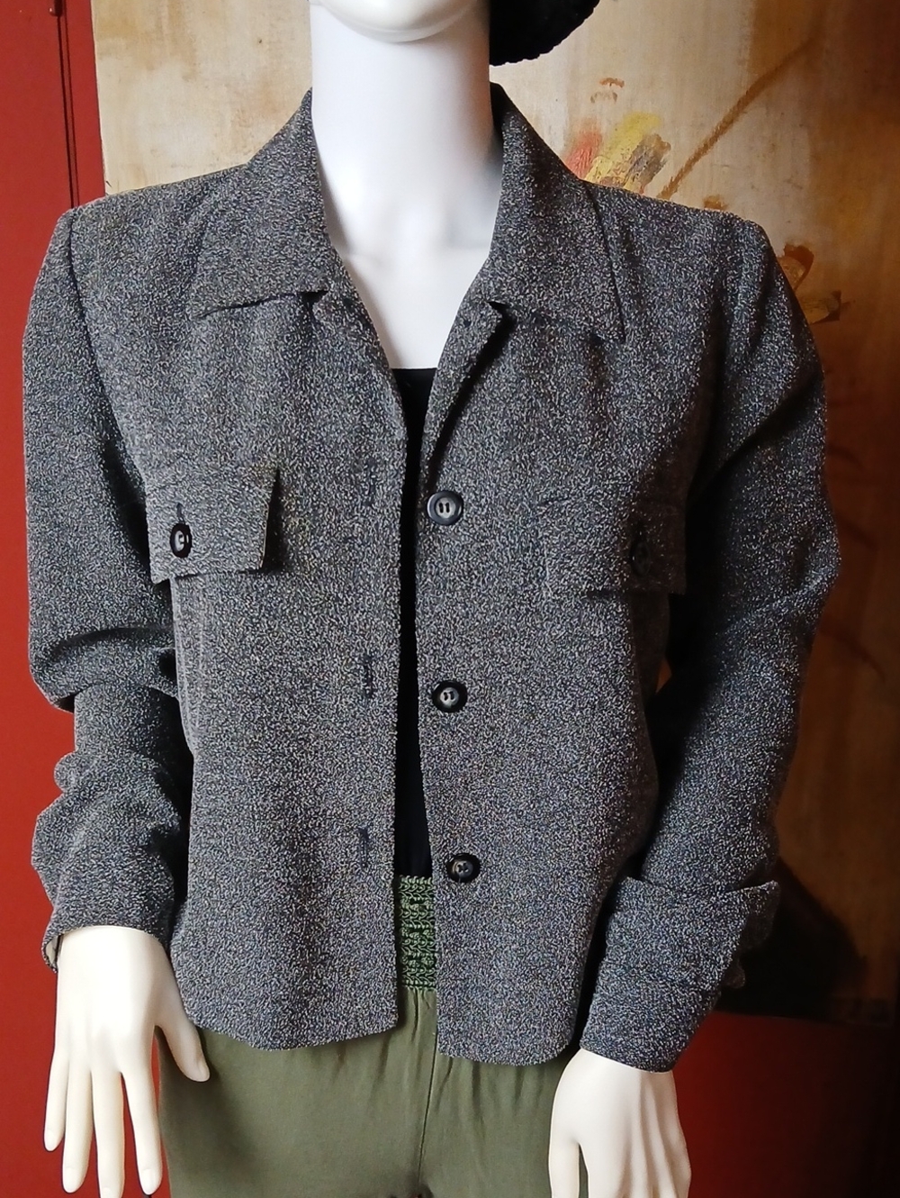 Donna Ricco New York Tweed Textured Button Up Blazer Jacket Charcoal Grey Size 6